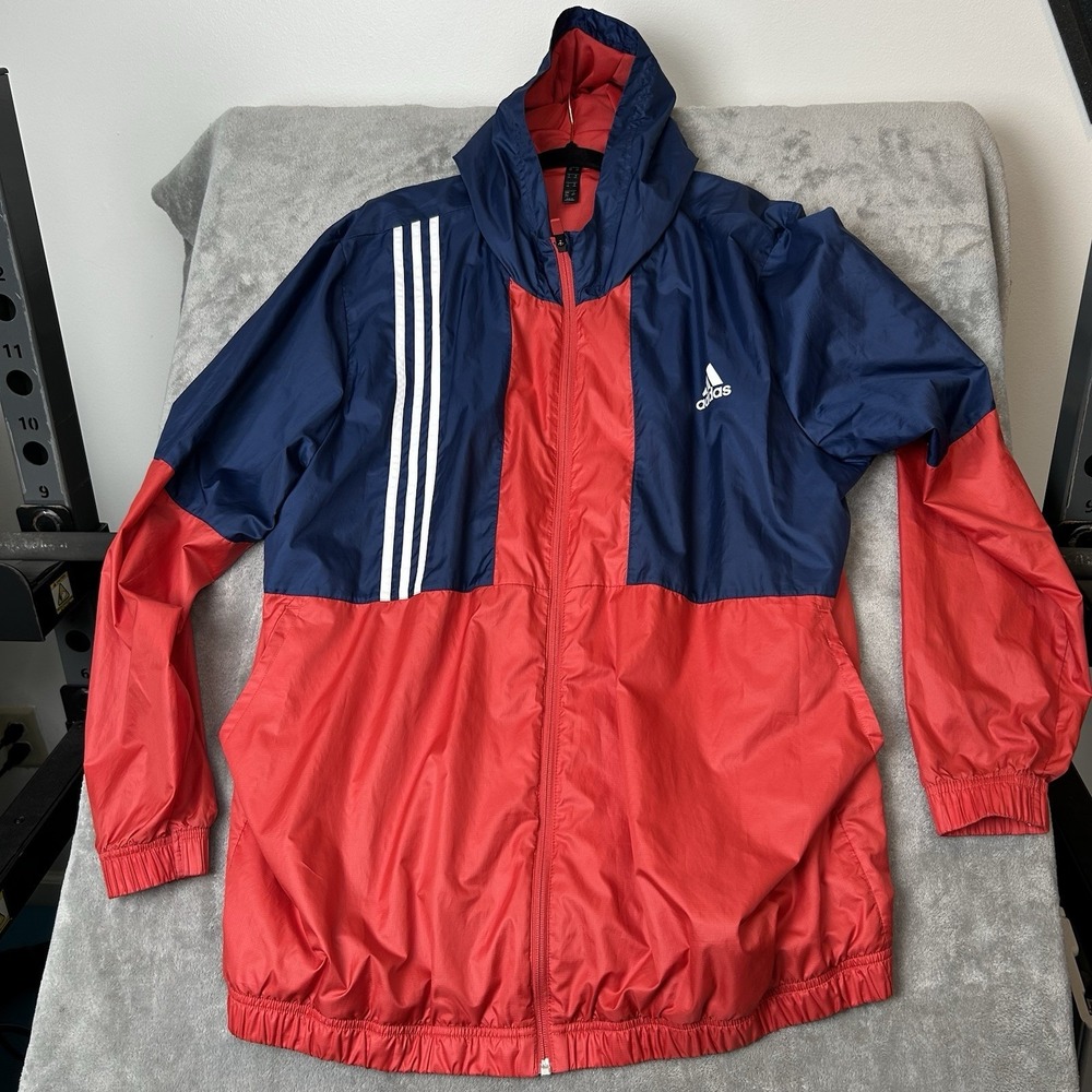 Adidas Windbreaker Axis Full Zip Jacket Mens Hooded Color White, Red & Blue 2XL